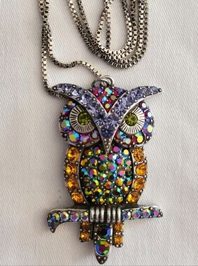 Kirks Folly Silver-Tone Multicolor Crystal Owl Pendant Necklace